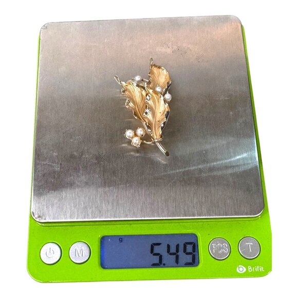 Richelieu Vintage 12K Gold Filled Leaf & Pearl Brooch Pin Seaweed Sea Grass - Picture 5 of 5